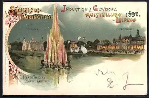 Lithographie Leipzig, Sächsisch-Thüringische Industrie- und Gewerbe-Ausstellung 1897, Licht Fontaine, Hauptrestaurant