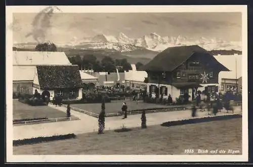 AK Bern, Schweiz. Ausstellung für Frauenarbeit 1928, Ausstellungsgelände mit Blick auf die Alpen