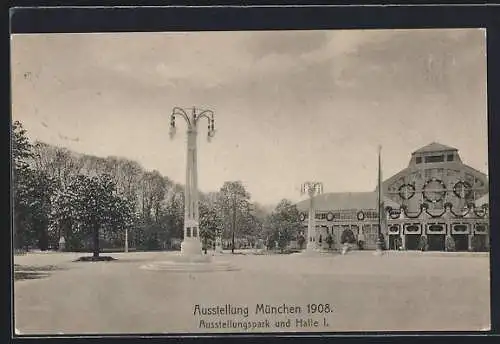 AK München, Austellung München 1908, Ausstellungspark und Halle I
