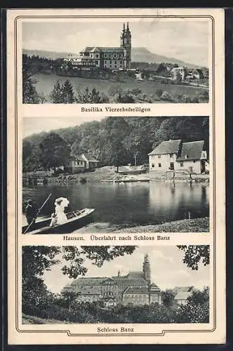 AK Hausen / Staffelstein, Überfahrt nach Schloss Banz, Basilika Vierzehnheiligen