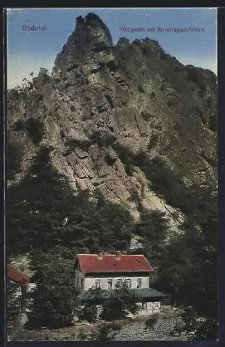 AK Thale, Gasthaus Königsruh mit Rosstrappenfelsen im Bodetal