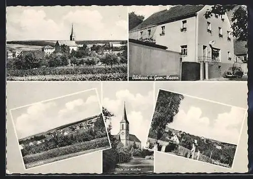 AK Waldbrunn /Ufr., Drei Teilansichten, Bäckerei und Gemischtwaren, Blick zur Kirche
