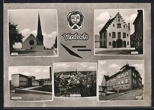 AK Versbach über Würzburg, Schule, Kirche, Rathaus, Neue Schule
