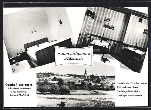 AK Kürnach / Würzburg, Gasthof Zum Schwan, Blick in Gästezimmer und Speiseraum
