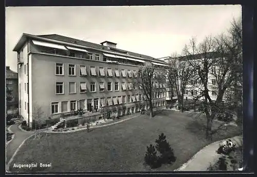 AK Basel, Augenspital mit Gartenanlage und Besuchern auf Parkbank