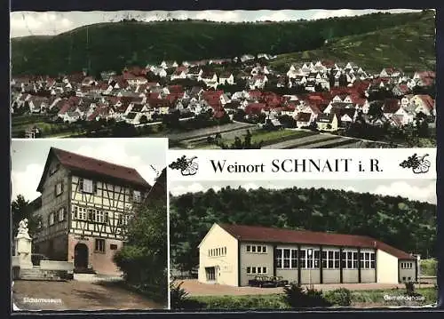AK Schnait i. R., Ortsansicht aus der Vogelschau, Silchermuseum, Gemeindehalle