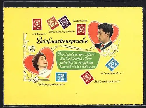 AK Briefmarkensprache, Ich komme, Nichts kann uns trennen!, Dein ist mein Herz, Herr und Dame in zwei Herzen