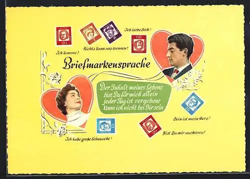 AK Briefmarkensprache, Ich komme, Nichts kann uns trennen!, Dein ist mein Herz, Herr und Dame in zwei Herzen
