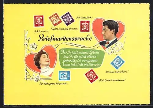 AK Briefmarkensprache, Ich komme, Nichts kann uns trennen!, Dein ist mein Herz, Herr und Dame in zwei Herzen