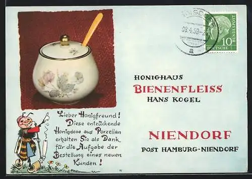 AK Niendorf, Honighaus Bienenfleiss, Hans Kogel, Honigdose aus Porzellan, Gelb
