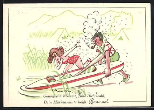 AK Werbung für Bonomol - Mückenschutz, Mann und Frau mit Faltboot werden von Mücken umschwärmt