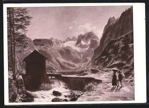 Künstler-AK Dachstein, Wanderndes Paar im Gebirge