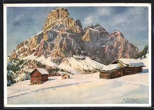 AK Corvara /Dolomiten, Saas Songher und Berghütten im Schnee