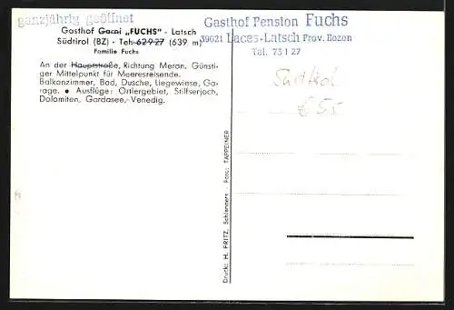 AK Latsch, Gasthaus Garni Fuchs an der Hauptstrasse, Richtung Meran