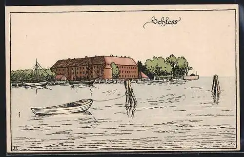 Künstler-AK Sonderburg, Flusspartie mit Schloss und angebundenem Boot