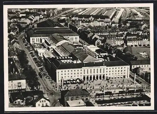 AK Basel, Schweizer Mustermesse, Fliegeraufnahme des Ausstellungsgebäudes