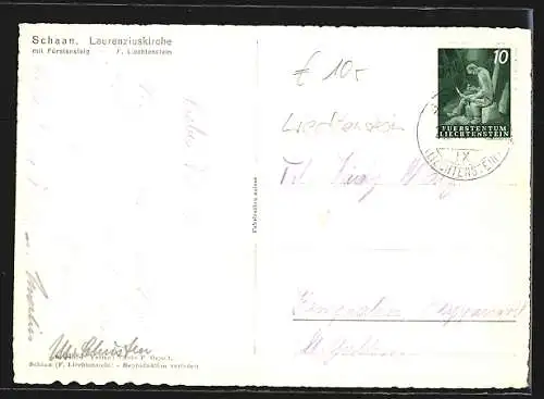 AK Schaan, Laurenziuskirche mit Teppichgeschäft und Fürstensteig