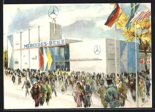 Künstler-AK Frankfurt, Internationale Automobil-Ausstellung 1957, Besucher vor der Mercedes-Benz-Halle
