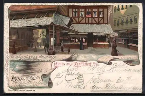 Lithographie Alt-Frankfurt, Gebäudeansicht mit Passanten