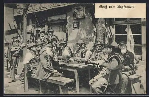 AK Frankfurt, Männer am Gasthaustisch mit Wandschild Postkarten mit Ansichten