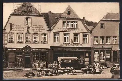 AK St. Wendel, Häuser mit Bekenntnissprüchen am Domplatz, Marktstände