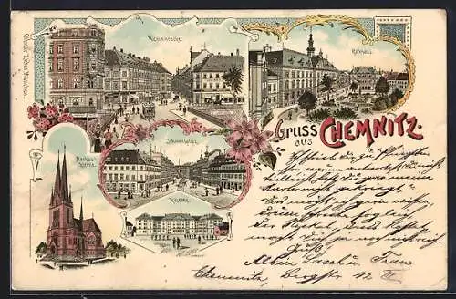 Lithographie Chemnitz, Nicolaibrücke, Rathaus, Johannesplatz, Markuskirche