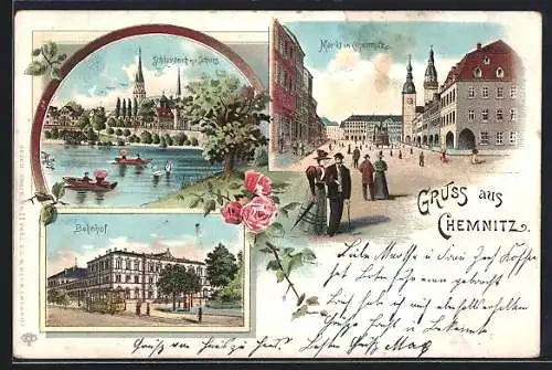 Lithographie Chemnitz, Schlossteich mit Schloss, Strassenbahn am Bahnhof, Markt