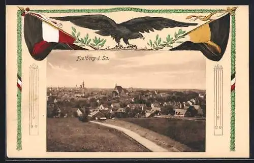 AK Freiberg / Sa., Blick zum Ort, Fahnen, Adler