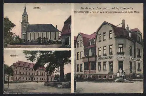 AK Reichenbrand / Sa., Materialwaren-, Papier- und Schreibwarenhandlung Rich. Malz, Kirche, Gasthof