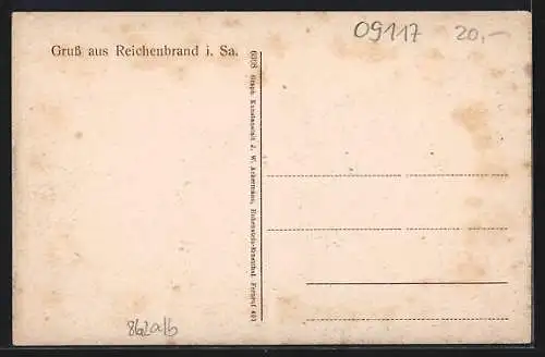 AK Reichenbrand / Sa., Materialwaren-, Papier- und Schreibwarenhandlung Rich. Malz, Kirche, Gasthof