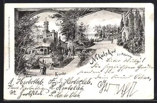 Lithographie Berlin-Wannsee, Nikolskoe, Partie an der Kirche, Kapelle
