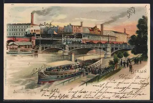 Lithographie Berlin, Jannowitzbrücke mit Bahnhof und Dampfer-Landungssteg