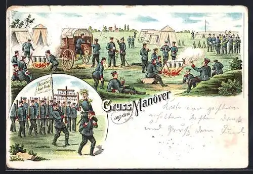 Lithographie Kaisermanöver, Soldaten am Lagerfeuer, und Reservisten-Parade