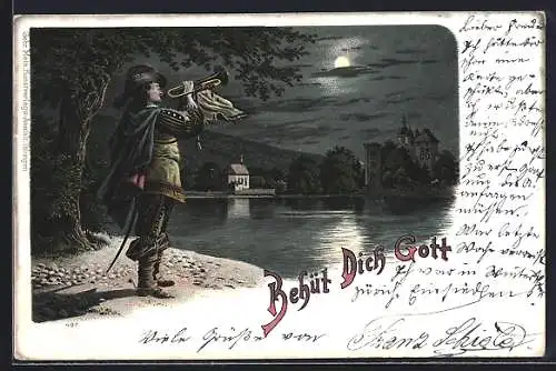 AK Ortspartie und Trompeter, Behüt Dich Gott!