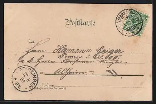 AK Ortspartie und Trompeter, Behüt Dich Gott!