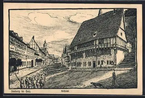 Künstler-AK Stolberg / Harz, Partie am Rathaus