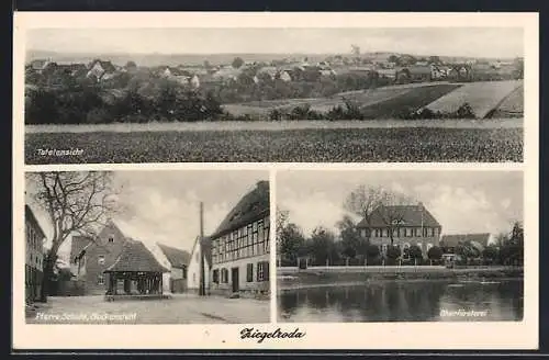 AK Ziegelroda, Totalansicht, Pfarre mit Schule und Glockenstuhl, Oberförsterei