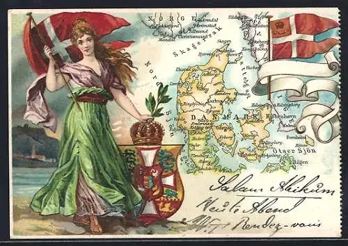 AK Die Mor Danmark mit der Flagge und Wappen, Landkarte