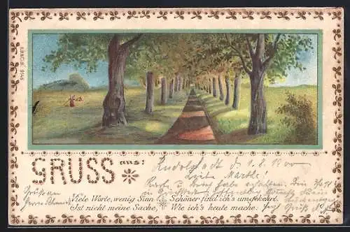 Holzbrand-Imitations-AK Pfingsten, Allee gesäumt von Bäumen, Gedicht