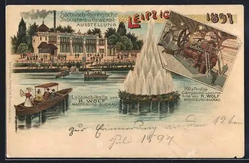 Lithographie Leipzig, Sächsisch-Thüringische Industrie- & Gewerbe-Ausstellung 1897, Lokomobil, Lokomobilhallle R. Wolf
