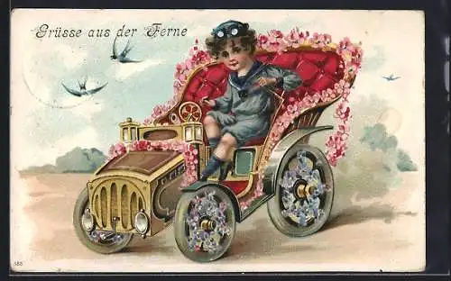 Künstler-AK Junge in einem Blumen-Auto