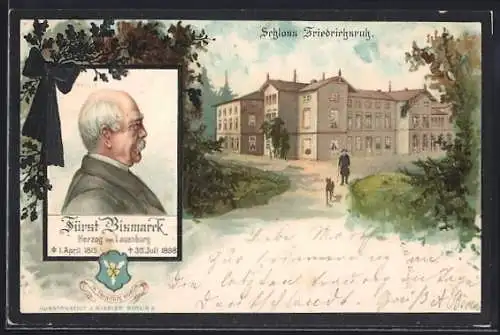 Lithographie Schloss Friedrichsruh, Gebäude mit Bismarck beim Spaziergang, Portrait Bismarck, Wappen