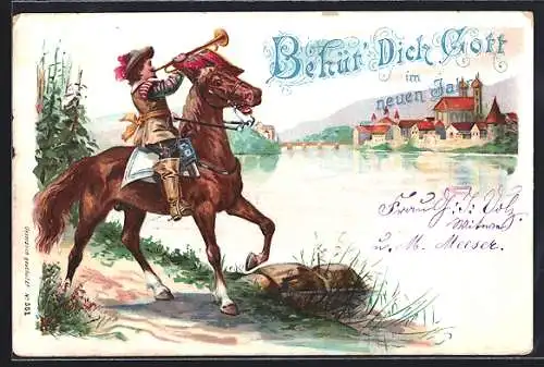 Lithographie Bad Säckingen, Trompeter am Flussufer vor dem Ort, Behüt Dich Gott