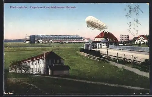 AK Friedrichshafen, Zeppelinwerft und Motorenbau Maybach mit Zeppelin in der Luft