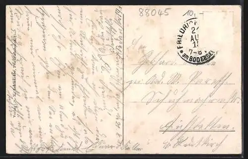 AK Friedrichshafen, Zeppelinwerft und Motorenbau Maybach mit Zeppelin in der Luft