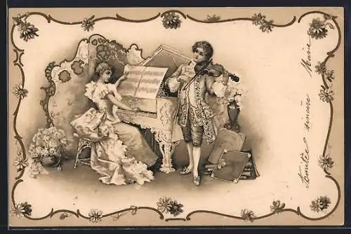 Lithographie junge Frau spielt Klavier, Geigenspieler