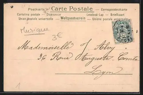 Lithographie junge Frau spielt Klavier, Geigenspieler