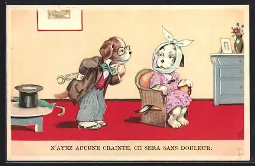 Künstler-AK Willi Scheuermann: Hundezahnarzt, Dentist