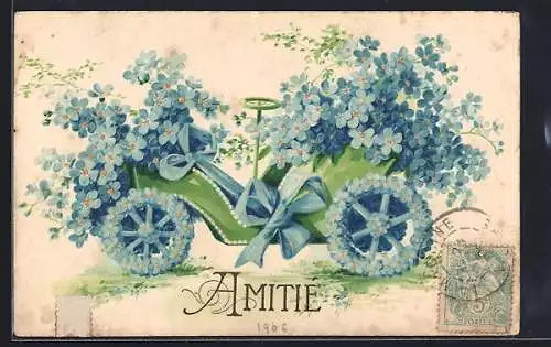 AK Auto mit blauen Blüten und Schleife, Blumenbild