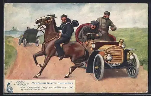 Künstler-AK Motoring Jokes, Unvorsichtige Autofahrer erschrecken das Pferd